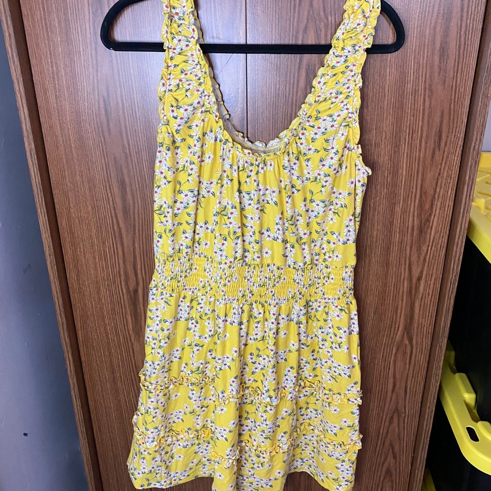 No Boundaries Sun Dress Women XL Yellow Floral Smocked Ruffle Mini Dress